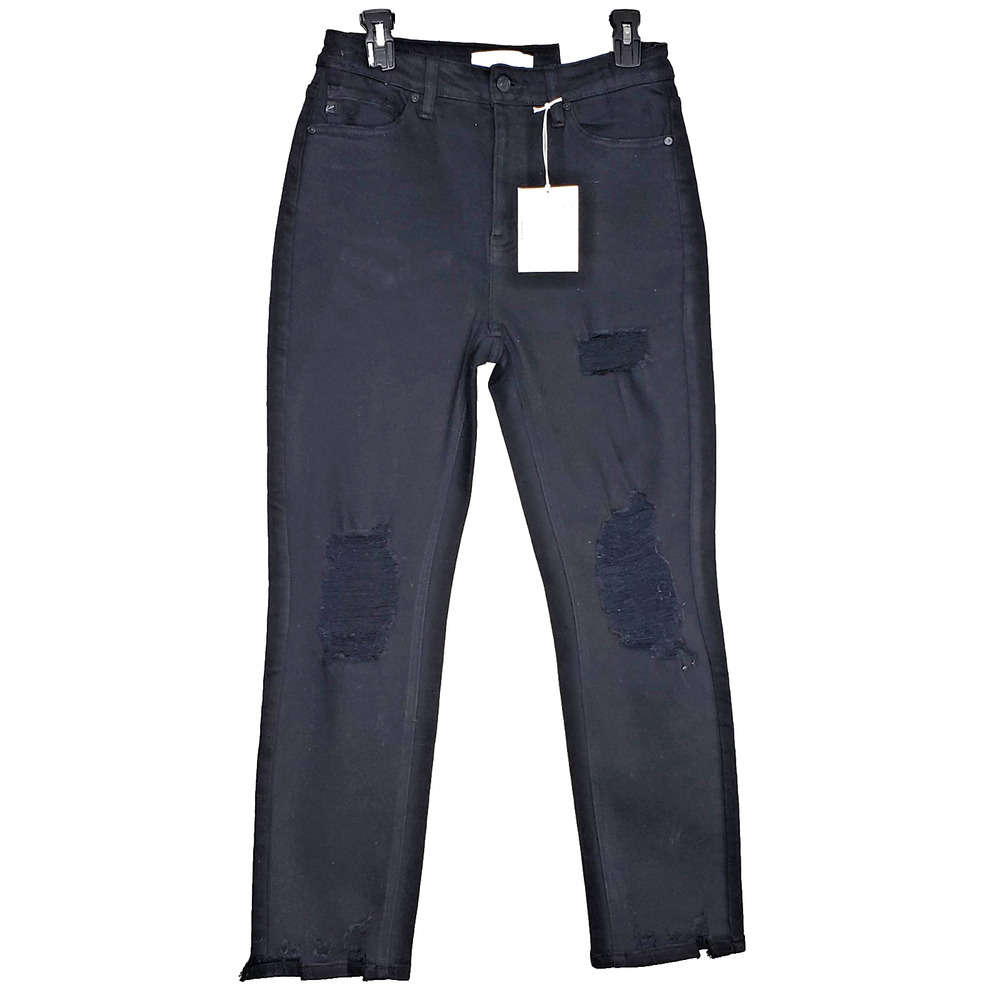 KanCan Straight Fit Jeans Womens Size 9/28 Black Distress Chewed Hem Stretch NEW